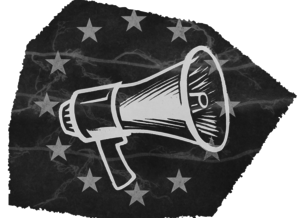 Zeichnung eines Megafons vor einer EU-Flagge (kreisförmig angeordnete Sterne auf dunklem Hintergrund)