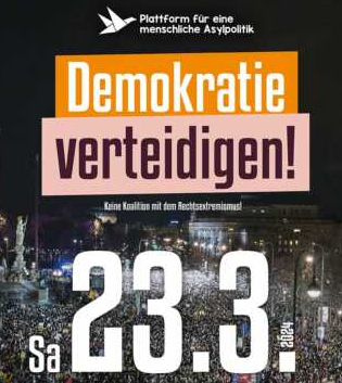 Ausschnitt aus Demo-Plakat: Hintergrundfoto Zehntausende bei Kundgebung am 26. Jänner vor dem Parlament, darüber Text: Demokratie verteidigen! 23. 3. und weitere Demodaten, die im Text dieses Beitrags stehen.