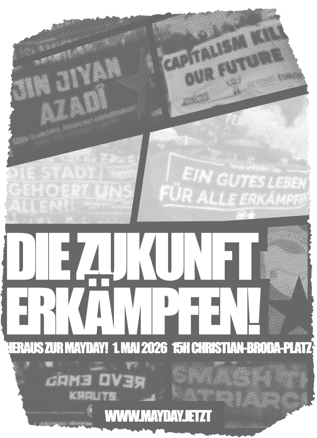 Aufrufbild mit dem Slogan „Die Zukunft erkämpfen“ und einer Collage aus Fotos von verschiedenen Demonstrationen