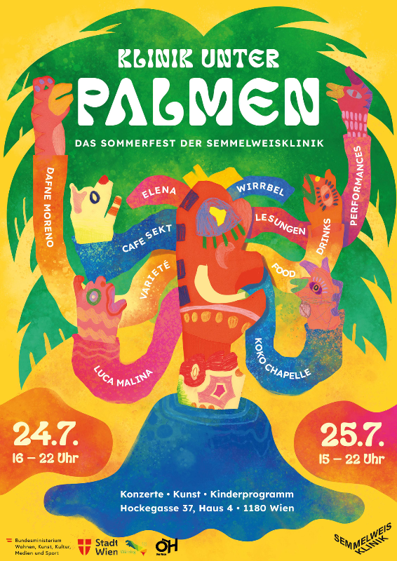 Plakat mit einer gezeichneten Palme mit verschiedenen daraus rauswachsenden Figuren und dem Text: KLINIK UNTER PALMEN DAS SOMMERFEST DER SEMMELWEISKLINIK Datum & Uhrzeit: 24.7. – 16 – 22 Uhr, 25.7. – 15 – 22 Uhr Ort: Hockgasse 37, Haus 4 · 1180 Wien Programm: Konzerte · Kunst · Kinderprogramm